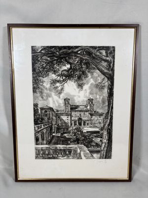 un dessin en noir et blanc représentant un bâtiment avec un arbre au premier plan