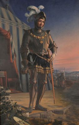un tableau représentant un homme en armure debout devant un bâtiment