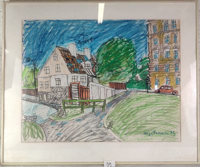 drawing of a street scene with a house and a car in the distance