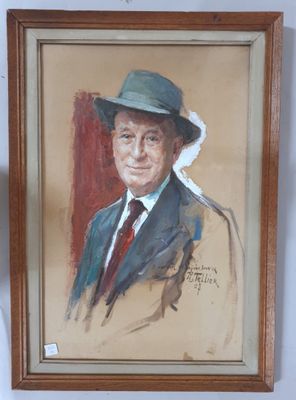 painting of a man in a suit and tie with a green hat