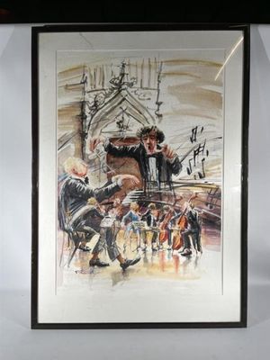 tableau représentant une calèche devant une église
