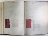 an open book with a picture of a red piece of cloth on it