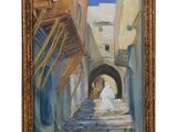 an oil painting of a woman walking down a narrow alley