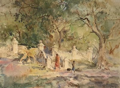 un tableau représentant un homme et une femme promenant un chien