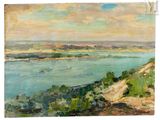une peinture à l'huile représentant une vue sur une rivière avec des bateaux sur l'eau