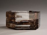 a glass vase with a piece of wood inside of it