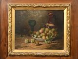 an oil painting of a bowl of fruit on a table next to a vase