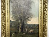 an oil painting of sheep grazing in a field next to a tree