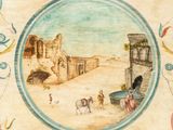 painting of a painting of people and animals in a desert area