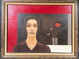 tableau représentant une femme avec une rose dans un vase posé sur une table