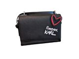 a black purse with a red heart on it