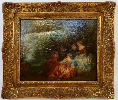une peinture à l'huile représentant trois femmes assises sur un canapé dans une pièce