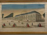 an old painting of a building with people walking in front of it