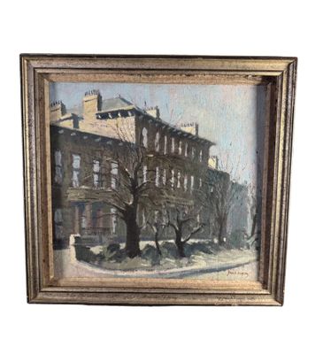 une peinture à l'huile représentant un bâtiment avec un arbre devant
