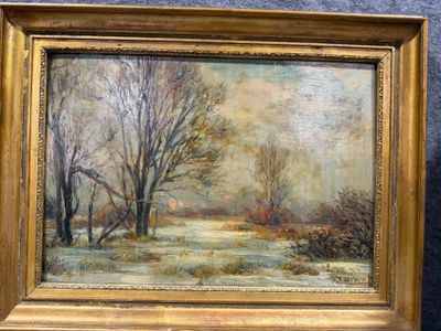 une peinture à l'huile représentant un paysage enneigé avec des arbres au premier plan