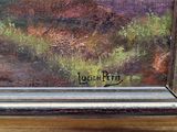 a painting of a landscape with trees and bushes in the foreground