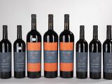 six bouteilles de vin rouge alignées