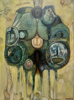 un tableau représentant la tête d'un homme sur laquelle se trouvent de nombreux objets divers