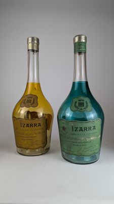 two bottles of liquor sitting next to each other on a table