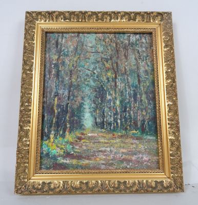 an oil painting of trees in a forest with a path in the foreground