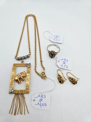 un gros plan sur un collier, des boucles d'oreilles et une bague posés sur une table