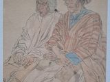 tableau représentant deux hommes assis par terre, coiffés de chapeaux et portant des écharpes autour du cou