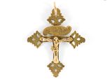 a close up of a cross with a crown on it
