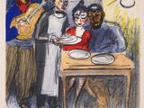 tableau représentant trois personnes debout autour d'une table sur laquelle sont posées des assiettes de nourriture
