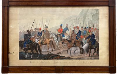 painting of a group of men riding horses in front of a group of men on horses