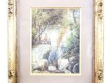 an image of a picture of a painting of sheep in a wooded area