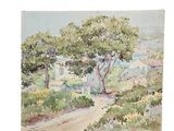 an image of a watercolor painting of a house and trees