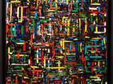 une peinture abstraite composée de lignes et de carrés multicolores, dans un cadre noir