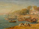 tableau représentant des personnes sur une plage près d'un plan d'eau
