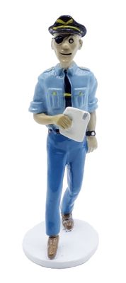 figurine of a man in a blue uniform holding a piece of paper