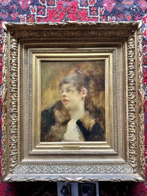 painting of a woman in a black dress in a gold frame on a red carpet