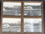 four framed photographs of a baseball game in a stadium with spectators