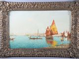 an image of a picture of a painting of boats on a body of water