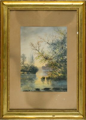 l'image d'une peinture représentant une rivière avec des arbres en arrière-plan
