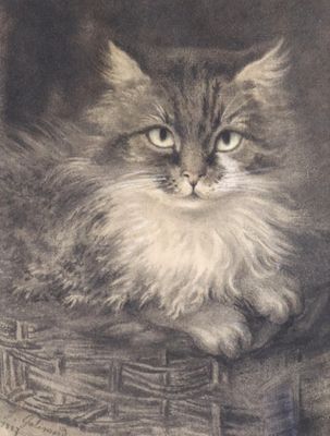un dessin représentant un chat assis dans un panier