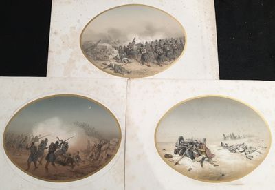 trois gravures anciennes représentant des soldats à cheval dans le désert