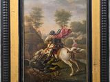 une peinture à l'huile représentant un homme à cheval accompagné d'un chien