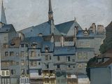 a painting of a building with a clock tower on it