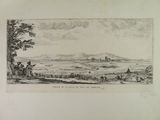 an old drawing of a view of a town with a castle in the distance