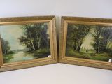deux tableaux encadrés représentant des vaches dans un champ, avec des arbres et une rivière