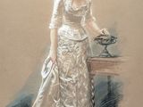 painting of a woman in a white dress standing next to a table with a vase on it