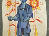 une image représentant un tableau d'un homme en costume bleu et chapeau