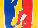 an image of a yellow poster with a man painting a fish