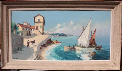 a picture of a painting of a boat on the water