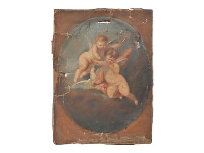 an old painting of two cherenshes and a baby on a cloud