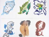 four different colored drawings of animals and fish on a white surface